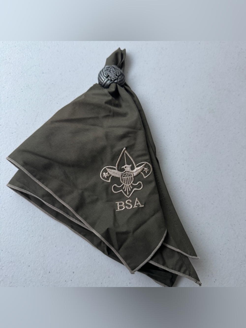 VTG Boy Scouts of America BSA Neckerchief Olive Green  Embroidery & Silver slide